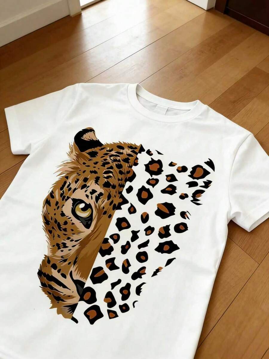 Camiseta de cuello redondo con patchwork y estampado de leopardo en bloques de color, transpirable, informal y versátil. - Blanco - Ver 1