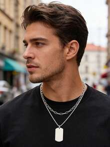 2 pièces Ensemble de collier pendentif étiquette d'identité en acier inoxydable style polyvalent mode hip-hop pour hommes, convient pour les sorties décontracté, les banquets et les fêtes - Argent - Voir 3