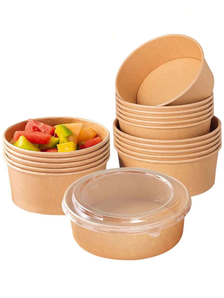 Set 10/5 buah Mangkuk Kertas Sekali Pakai Tebal dengan Tutup Transparan, Mangkuk Kertas Kraft untuk Piknik Musim Semi, Pesta Pernikahan, Penyimpanan Makanan di Kulkas, Makanan Bawa Pulang, Pesta Liburan, Wadah Camilan & Buah - MultiWarna - View 1
