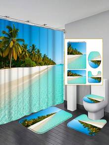 Juego de cortina de ducha de 1/4 piezas con plantas tropicales y gatos, conjunto de baño con estampado botánico verde y gatitos, incluye alfombra antideslizante, tapa de inodoro y 12 ganchos, decoración para amantes de la naturaleza y mascotas - Playa y palmeral - Ver 2