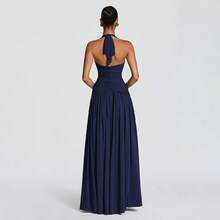 HERARIUM 2026 European And American Women's Fashion Summer New Solid Color Elegant Sleeveless Halter Strap Slit Long Dress Wedding Guest Dress Women Vacation Outfits Women Summer Dresses - Màu xanh đậm - Xem 3