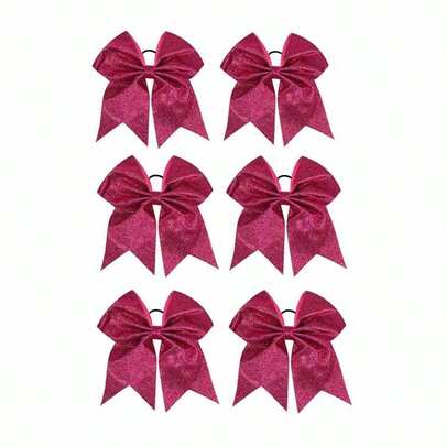 6pcs 8-Inch Fuchsia Glitter Cheerleader Bow Headbands, Suitable For Sports Cheerleading, Festival Parties Ponytail Holders Hair Elastics Hair Rubber Bands Scrunchies Hair Rope