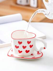 1 Juego de taza y platillo de cerámica con forma de corazón, taza linda para café/leche, vajilla para decoración de cocina - Rojo - Ver 2