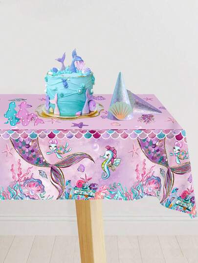 1pc, Purple Mermaid Plastic Tablecloth, Fish Tail & Starfish Designs 130*220cm Rectangle Disposable Table Cover, Mermaid Theme Birthday Decorations, BabyShower, Picnic Home Kitchen Dining Room Table Decor Wedding, Bridal Shower, Under The Sea Holiday Decor