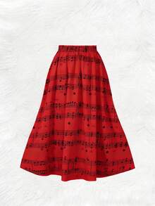 Plus Size Women's Long Flared Skirt, Woven Fabric With Musical Note Print, Non-Stretch Vacation Spring - Red - View 3