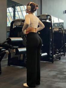 Solid Color Yoga Wide Leg Pants, Comfortable & Fitted, Suitable For Running, Fitness, And Various Yoga Activities Sports - Black - View 2
