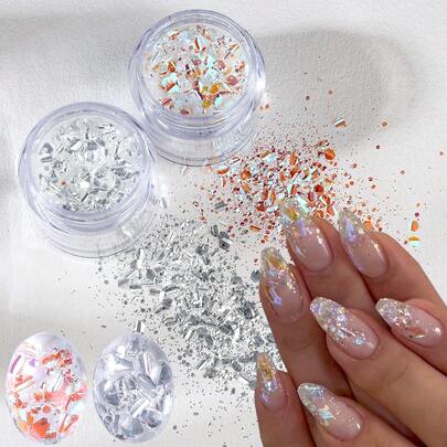 1/2 Chai Bột Kim Tuyến Trang Trí Móng Tay 3D Hiệu Ứng Ba Chiều Không Đồng Nhất, Màu Bạc Ánh Kim, Dạng Lách, Lấp Lánh, Dạng Mảnh, Tự Làm Móng Tay Lấp Lánh, Phụ Kiện Làm Móng, Dụng Cụ Làm Móng cho Phụ Nữ và Bé Gái, Thiết Kế Móng