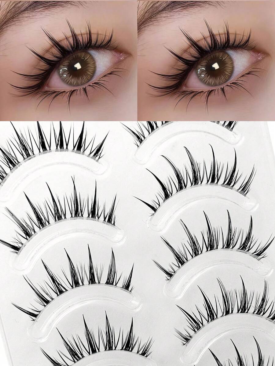 Asiteo 5 Pairs Spiky Manga Long False Eyelashes - Transparent Stem, Perfect For Cosplay & Daily Use, Anime Eyes Cosplay Lashes, Realistic Eyelashes - Black - View 1