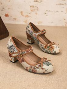 Spring And Summer Style, Random Animal And Floral Prints, Single Strap With Pin Buckle And Bowknot, Round Toe, Thick Heel, Rubber Sole, Vintage, Elegant And Fashionable, Women's Mary Jane High Heels, Suitable For Party/Wedding/Christmas/Autumn And Winter/Evening Dinner/Work/Back To School/Dating/Daily Wear/Dress Ball/Outdoor Activities - 棕色 - 查看 4