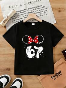 Disney Minnie Mouse Girls T-Shirt, 2-14 Years, Soft Fabric, Red Polka Dot Bow Graphic Tee, Casual Birthday Party Short Sleeve Top, Express Delivery - 黑色 - 查看 2