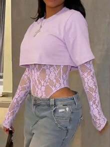Body entero de encaje transparente para mujer, manga larga tul estampado floral, estilo sensual elegante, ideal para uso diario, citas, fiestas y espectáculos primavera verano - Púrpura malva - Ver 4