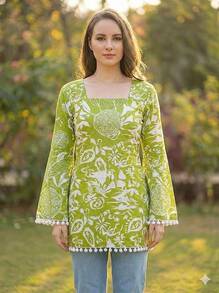 Estationeryhouse Cotton Printed Kurta Top, Long Sleeves, With White Tassels And Drawstring For Adjusting At Back - Green - View 5