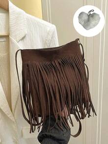 This Retro Bohemian-Style Square Bag Features A Unique And Fashionable Design With Tassel Embellishments, Making It An Ideal Choice For Autumn And Winter. Casual And Simple, It Can Be Worn Over The Shoulder Or Crossbody, Making It Versatile And Practical For Various Occasions Such As Outings, Travel, And Parties. (Includes A Heart-Shaped Charm) - Tassel Messenger Bag + Pendant - View 3
