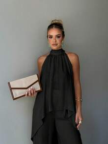 Women's 2-Piece Set, Elegant Solid Color Front Short Back Long Twist Halter Neck Top And Long Pants, Suitable For Party, Vacation, Street, Date In Spring/Summer Black - Black - View 4