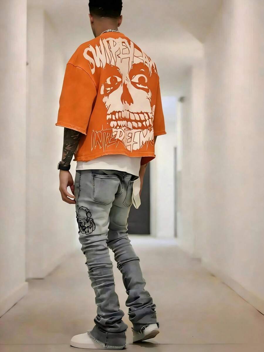 Y2K Style, Directional Printing, Cotton T-Shirt - Soft, Breathable, 100% Pure Cotton Fabric - Comfortable And Energetic Summer Street Style Short-Sleeved T-Shirt, Cool Design, Retro Summer Men's Daily Wear T-Shirt - 橘色 - 查看 1