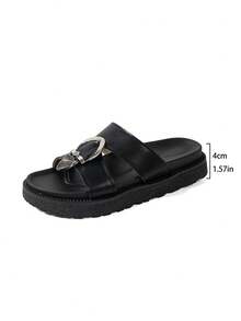 Minimalist Style Wedge Slippers For Women, Metal Buckle Decor, Comfortable Slip-On Sandals Suitable For Summer Outfits - Black - View 8