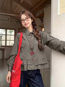 Áo sơ mi nữ thu đông màu xanh kẻ caro viền bèo phối nhiều mảnh, kiểu dáng thường ngày, đi làm, áo tay dài, áo croptop mùa xuân. - màu cà phê - Xem 1