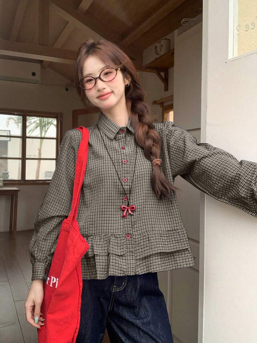 Áo sơ mi nữ thu đông màu xanh kẻ caro viền bèo phối nhiều mảnh, kiểu dáng thường ngày, đi làm, áo tay dài, áo croptop mùa xuân. - màu cà phê - Xem 1