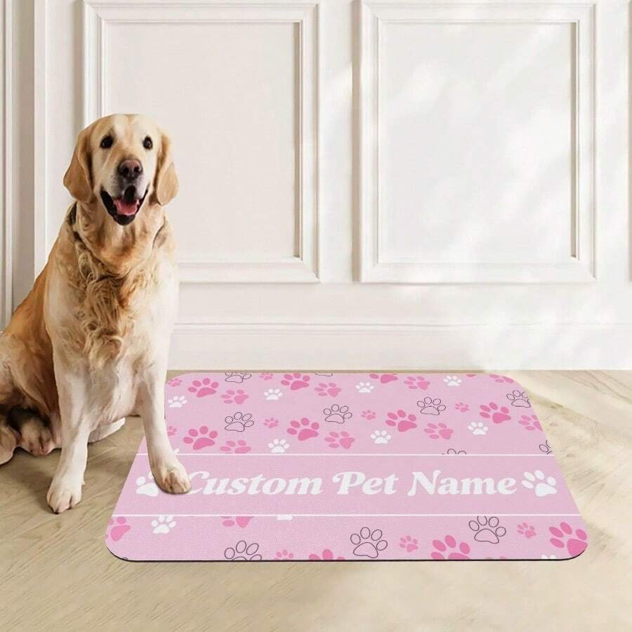 Personalized Custom Name Pet Feeding Mat, Waterproof Oil-Proof Anti-Slip Pad, Residue & Water Proof Floor Protection, Wear Resistant Durable Pet Bowl Mat For Dogs Cats, Home Pet Supplies - Pink - View 1