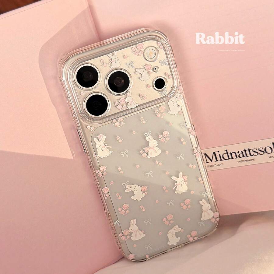Kavenfort Transparent Rose Rabbit Phone Case, Suitable For 17 Pro Max, 15 Full Coverage Protective Case, 14 Soft Case. Fairy-Like, Cute, Beautiful, Sweet, Girly, Geometric Pattern, Korean Style, Minimalist Style, Adorable, Fresh, Niche, Cute Pet, Soft Girl Style, Ins Style - Clear - View 1