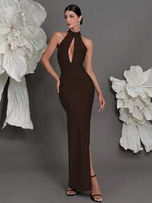 Halter Neck Knitted Bandage Dress, European And American Luxury New Arrival Evening Gown, Fashion Sexy Bodycon Dress For Family Parties, Cocktail Parties Party Wedding - Coffee Brown - View 5