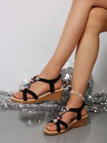 Handmade Colorful BeadedFlower Wedge Sandals - Black VelvetBoho Slides With Sparkling Crystals,Comfortable Low Heel For Summer - Black - View 3
