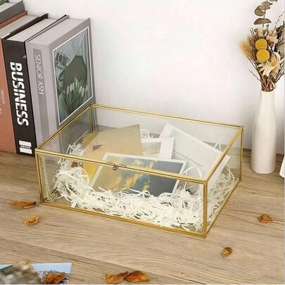 Nordic Minimalist Transparent Glass Storage Box With Flip Lid, Dustproof Cosmetic Organizer, Large Golden Glass Container For Dresser Vanity, Perfume Skin Care & Jewelry Storage