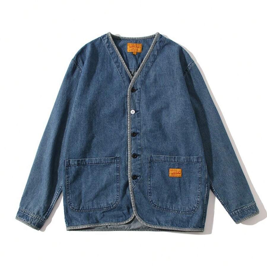 Retro Workwear Denim Jacket Cardigan Top Taoist Robe Loose Jacket Cotton - Light Blue - View 1