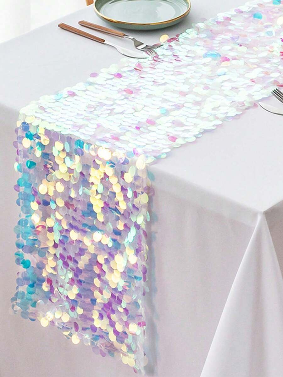 Meerjungfrau Party Tischläufer, 12 X 84 Zoll Pailletten Tischläufer, glitzernder holografischer Meerjungfrauen bunter Pailletten Tischdecke für Ozean Geburtstags Party - Verschiedenfarbig - Übersicht 1