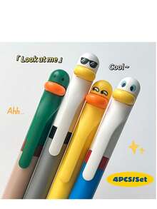 4pcs/Set Cute Duck Shaped Rotating Neutral Pens, 0.5mm Black Ink, Fun Office Signature Pens - A - View 3