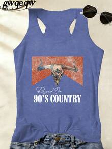 Women's Raised On 90's Country Bull Skull Graphic Tank Top, 180G Vest Casual Summer Top, Western Vacation Outfits For Women, Fashion Summer Clothes, Country Music Tank Tops - Màu xanh hải quân - Xem 2