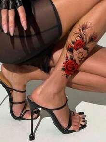 4 Sheets Big Size Body Art Temporary Tattoo Stickers For Women, Red Black Flowers Feather Butterfly Mixed Pattern, Waterproof Fake Tattoo, Lasts 2-5 Days, Covering Scars,Can Be Used On Arms Wrist Shoulders Legs Waist Neck Hand Chest Thighs Finger Ankle, Suitable For Parties, Gifts, Vacations, Body Decoration,Sketch Style - Multicolor - View 3