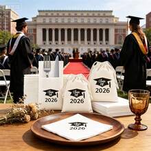 15pcs/Set 2026 Graduation Party Tabletop Decor: 5 Disposable Napkins + 5 Cutlery Mats + 5 Drawstring Gift Bags, Graduation Ceremony GRAD Class Of 2026 - View 3