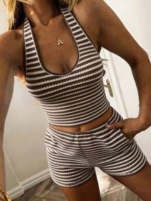 GAOVOT Women's Y2K Retro Striped Crop Top And High Waist Shorts 2 Pieces Outfit, Sporty Style For Summer Commute - Brown - View 5
