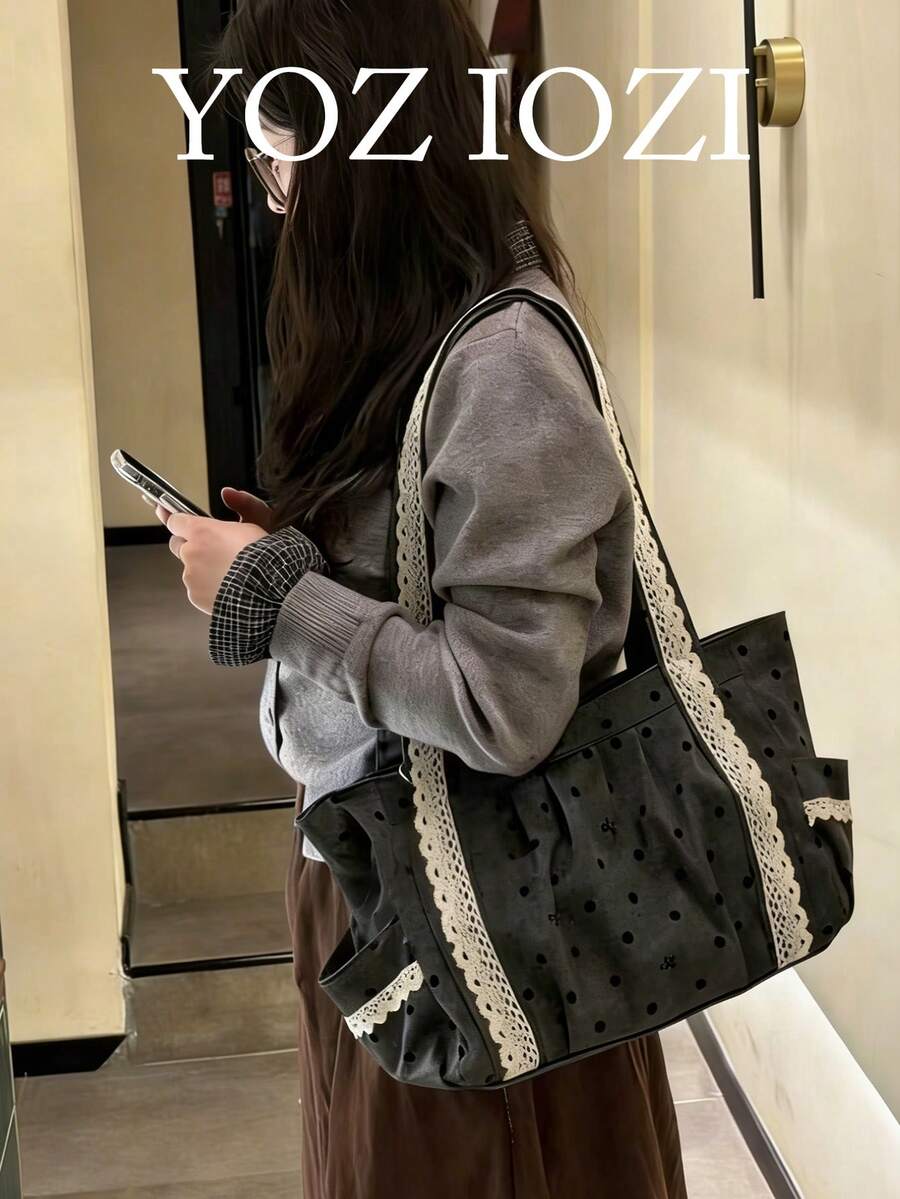 返校季黑白波点蕾丝帆布手提包,大容量撞色手提包,适合大学生,多功能单肩包,通勤及户外活动皆宜 - 深灰色 - 查看 1