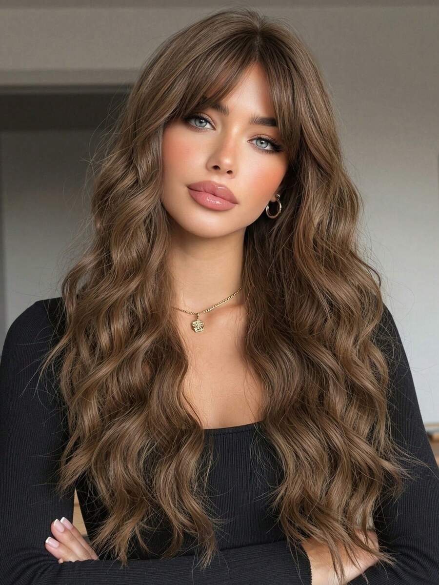 22 Inch Long Water Wave Wigs With Medium Part Bangs For Women, Honey Brown Synthetic Wig, Heat Resistant Natural Looking Curly Fake Hair For Daily Party Cosplay