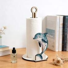 1/3pcs Farmhouse Kitchen Freestanding Paper Towel Stand. Wooden Ocean Animal Theme Paper Roll Organizer Rack. Blue Dolphin, Sailboat And Blowfish Design. For Kitchen Counter Storage, Coastal Home Decors. - Multicolor - View 8