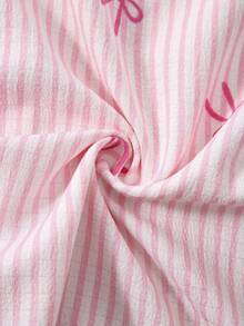 Conjunto de 3 piezas de pijama para mujer con estampado de rayas y lazo, de frente abierto y efecto arrugado - Rosa Pálido - Ver 6