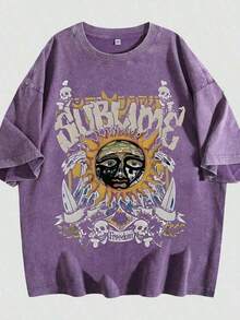 Unisex Sublime Band Sun Face Skull Print Graphic T-Shirt, Vintage Washed 100% Cotton Oversized Crew Neck Short Sleeve Tee, Retro 90s Rock Band Loo - 紫色02 - 查看 7