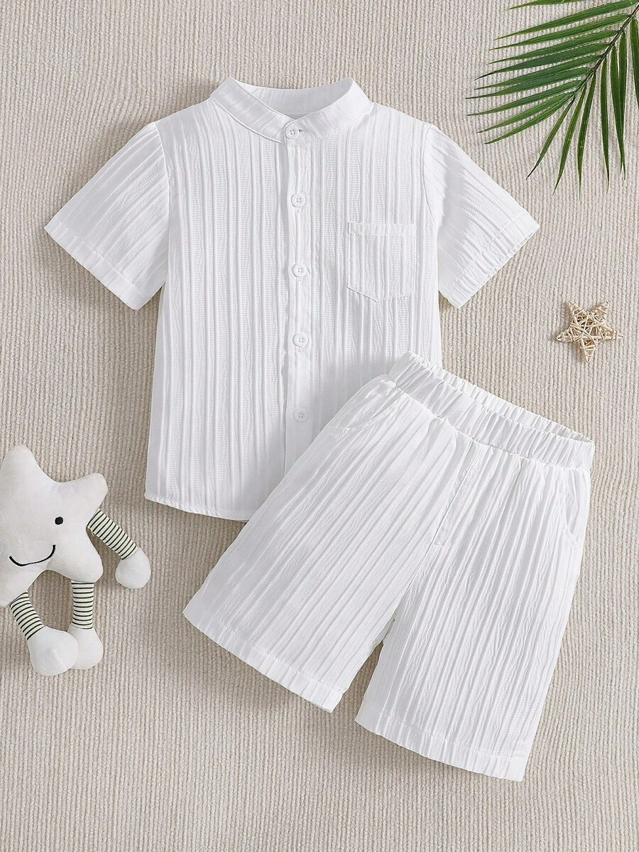 Bộ đồ tối giản cho trẻ em - Áo sơ mi cổ bẻ họa tiết sóng trắng + Quần short, bộ đồ 2 món đa năng dành cho cả nam và nữ. - trắng - Xem 1