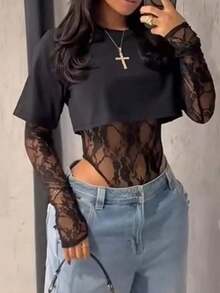 corta de mujer de encaje transparente de manga corta, body sexy de unicolor con parches de encaje transparente para uso diario, citas, fiestas de solteros, actuaciones en el escenario, elegante para primavera/verano en color negro - Negro - Ver 7