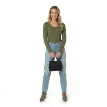 Women's Blouse With Round Neckline, Imported Rib Knit Fabric. - xanh quân đội - Xem 2