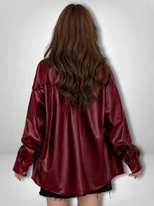 Camisera tipo Chaqueta de Piel Sintetica Negra con Forro Afelpada con Botones Manga Larga Unicolor Y2K para otoño e invierno vestimenta oeste para mujer Sexy y Con Estilo Motociclista o Moda - Color caoba - Ver 3