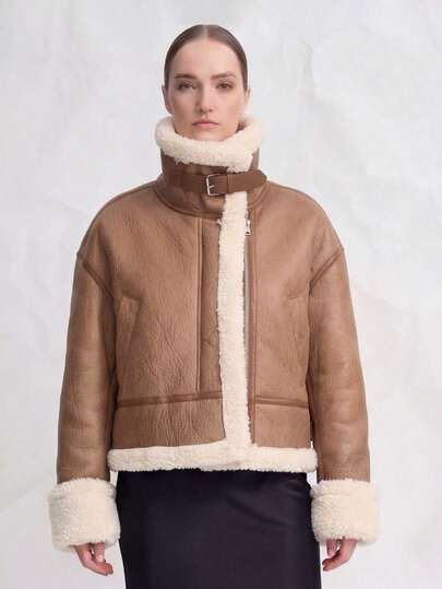 OUTTA BOX Women's Short Faux Fur Collar Motorcycle Jacket, Winter