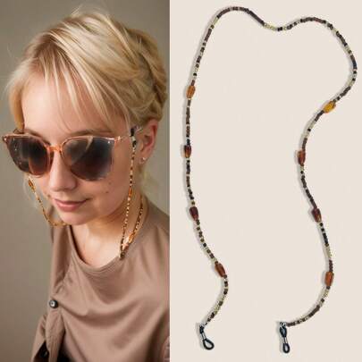 1条手工玳瑁琥珀串珠眼镜链，防滑复古时尚眼镜带