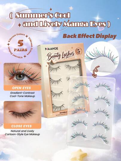 MAANGE 5 Pairs Gradient Glitter Manga False Eyelashes With Transparent Stem, Cool Tone Wispy Strip Lashes With Invisible Flexible Base, Pure Lively Anime Eye Makeup Lashes,Cat Eye Eyelashes,Enlarged Double Eyelashes,Summer Fresh Wispy Lashes,Reusable Anime Eyelashes For Summer Daily, Party, Concert, Cosplay & Festival Makeup