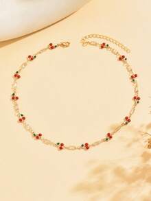 1pc Summer Sweet Cute Crystal Cherry Decor Clavicle Chain, Handmade Minimalist Necklace, Fashionable Neck Jewelry Suitable For Daily Wear And Party - Multicolor - View 2