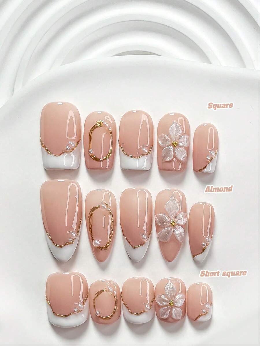 Bộ 10 móng giả kiểu Pháp mềm mại, màu vàng kim, móng dán, trang trí móng bằng ngọc trai nhỏ, trang trí móng hoa 5 cánh thủ công, sơn móng tay màu trắng, phong cách thời trang thanh lịch, bao gồm dụng cụ làm móng (1 miếng dán gel + 1 dũa móng), 3 kích cỡ: vuông, vuông ngắn, hạnh nhân, phù hợp cho tiệc tùng, sử dụng hàng ngày, chụp ảnh, phụ kiện làm móng mùa xuân/hè. - Nhiều màu - Xem 1