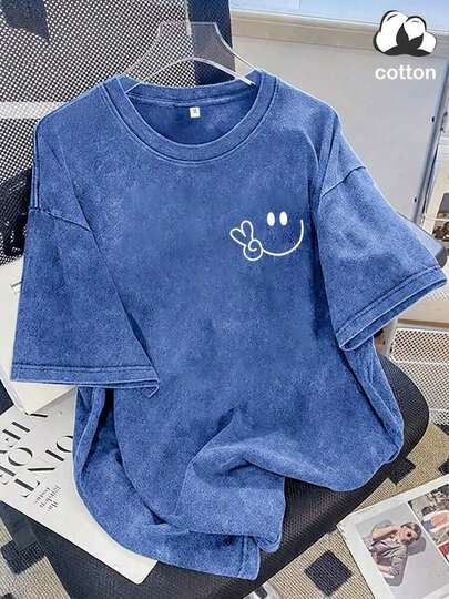 Vintage Washed Cotton Loose-Fit T-Hirt, Cute  Face And Heart Print, Women's Casual Treet Tyle Hort-Leeve Top, Wrinkle-Resistant Washed Cotton T-Hirt Vintage Tyle