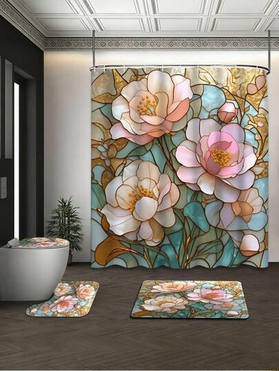 1/3/4件套彩色牡丹印花浴帘套装，波西米亚风奢华浴室窗帘，防水耐用现代家居浴室装饰浴帘，72英寸*72英寸浴室隔断浴帘，含12个挂钩，浴室套装 - 包括马桶盖、浴垫和地毯，涤纶面料 - 可水洗，适用于家庭浴室/酒店/度假租赁/西式浴室/婚礼场地/房车，花卉浴室装饰，四季皆宜，公寓必备，乔迁礼物，母亲节礼物